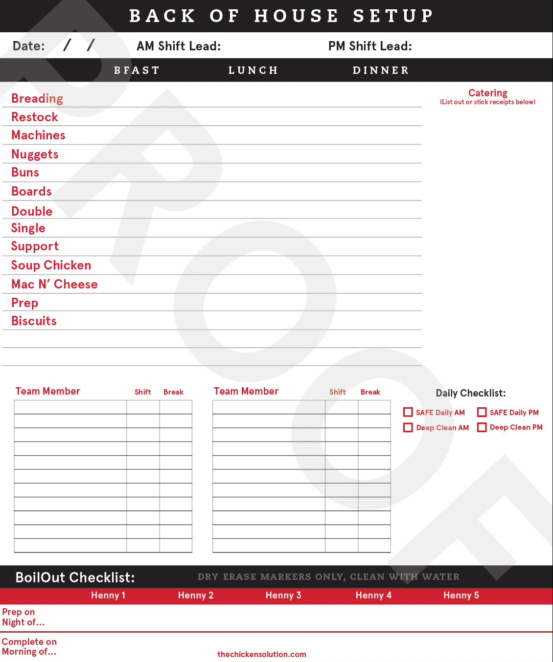 BOH Set Up Boards (Dry Erase)